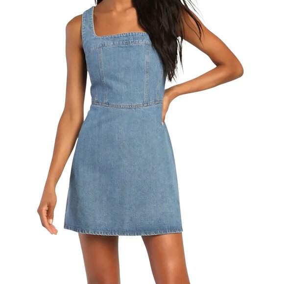Lulus Women's Medium Wash Corset Stitched Sleeveless Denim Mini Dress Size M NWT - Picture 1 of 15
